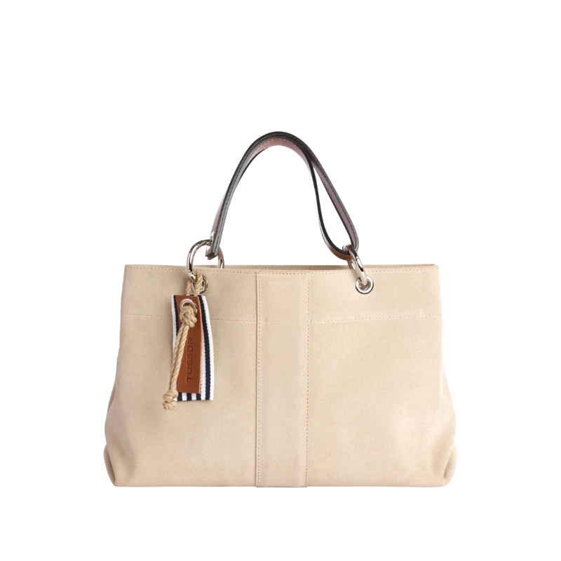 sac de ville modulable en cuir vachette velours grège avec des anses en cuir naturel