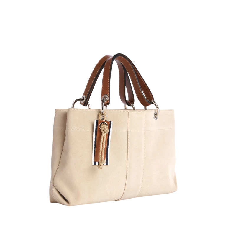 sac de ville modulable en cuir vachette velours grège avec des anses en cuir naturel