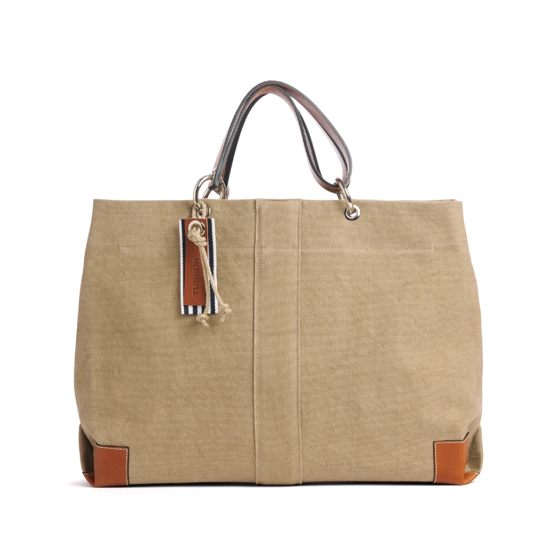 sac de travail modulable en coton sable, pour ordinateur et dossiers, avec des anses en cuir naturel