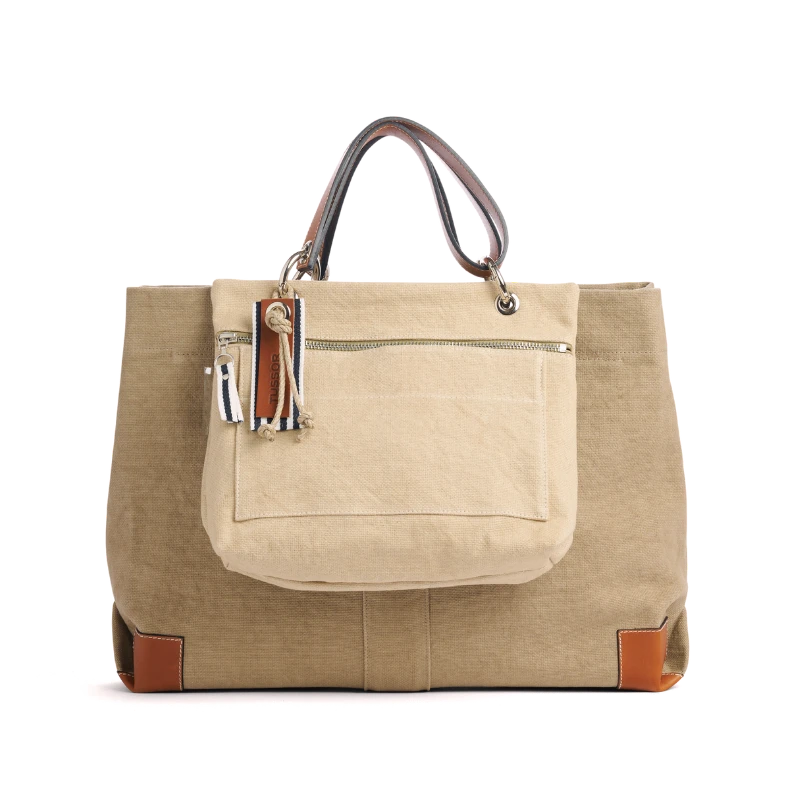 sac de travail modulable en coton sable, pour ordinateur et dossiers, avec des anses en cuir naturel et sa pochette equipier grege