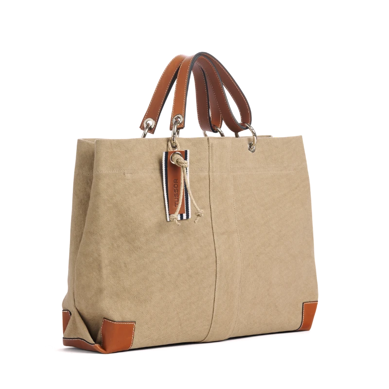 sac de travail modulable en coton sable, pour ordinateur et dossiers, avec des anses en cuir naturel