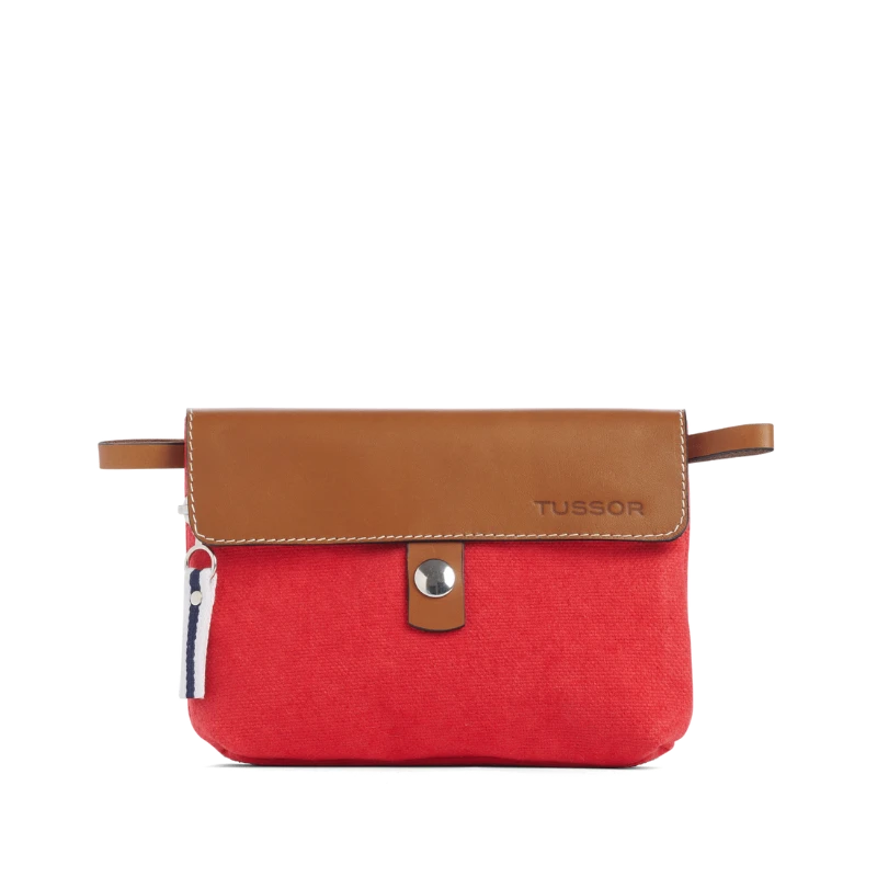 pochette mobile amovible en coton rouge et cuir