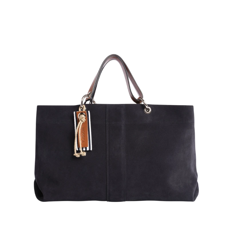sac de ville modulable en cuir vachette velours bleu marine avec des anses en cuir naturel