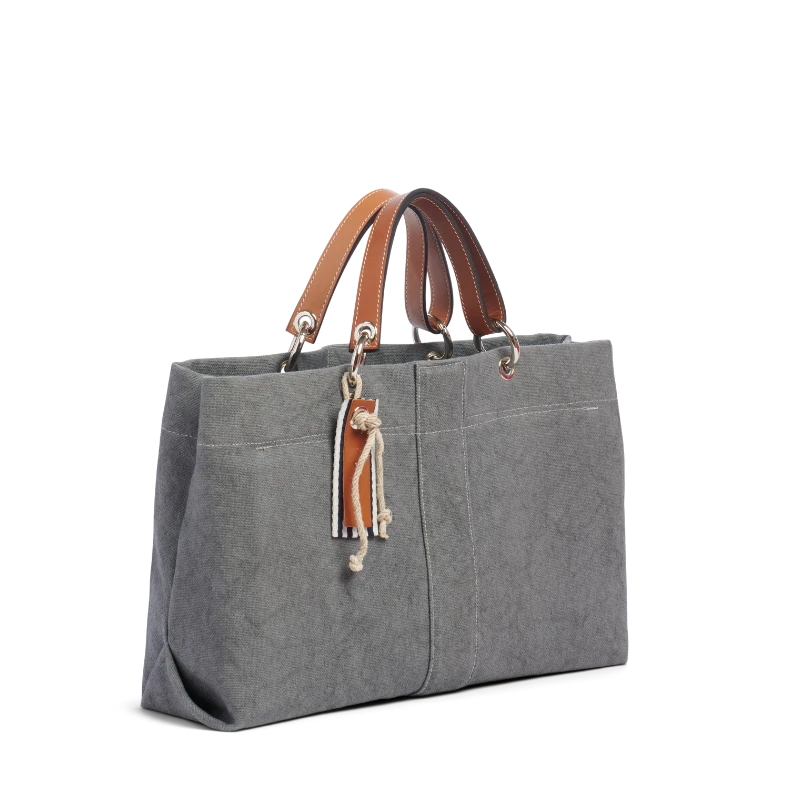 sac de ville modulable en coton gris avec des anses en cuir naturel