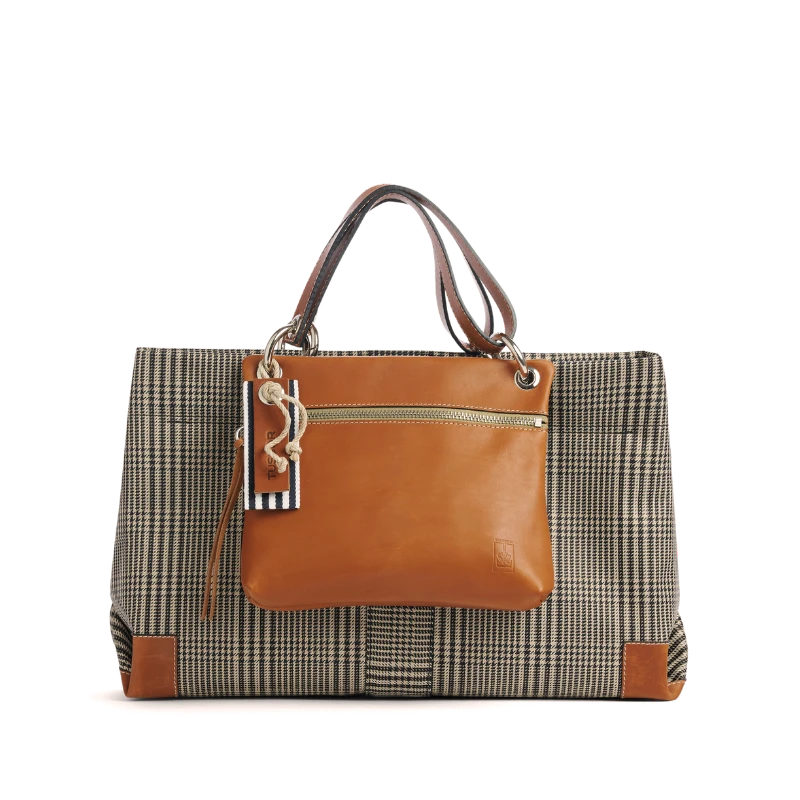 sac de ville modulable en polyester prince de Galles avec des anses en cuir naturel et sa pochette mobile sable