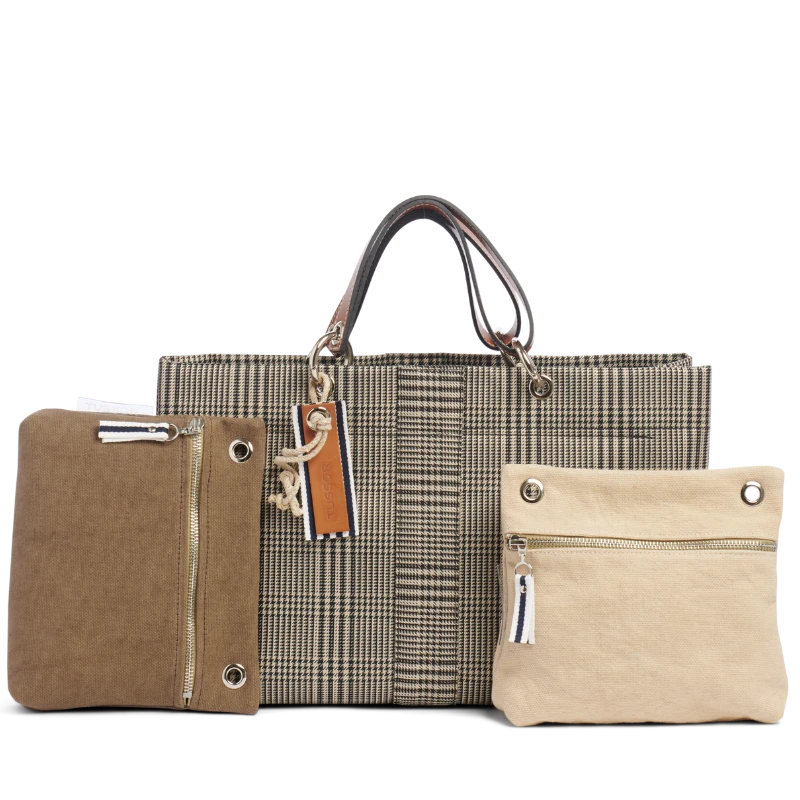 sac de ville modulable en polyester prince de Galles avec des anses en cuir naturel et ses pochettes yole jaune et corail