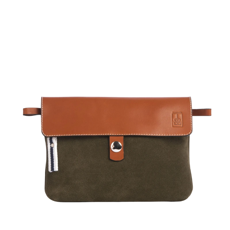 Pochette Compagnon Cuir Velours Kaki