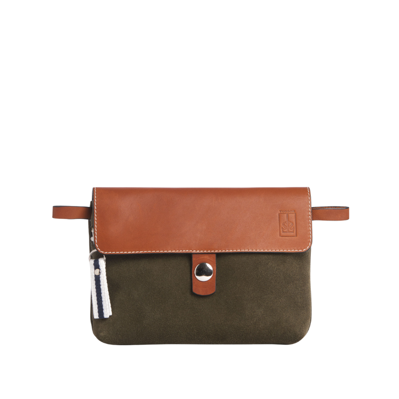 pochette mobile amovible en cuir vachette velours kaki
