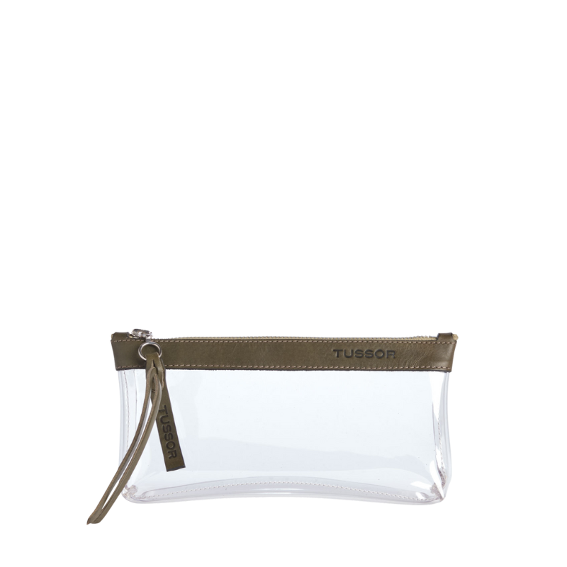 pochette en plastique transparent et cuir kaki