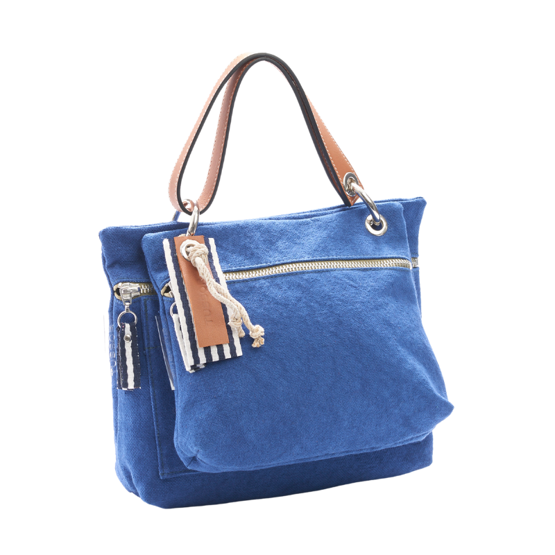 pochette yole en coton bleu roi accrochee sur un equipier bleu roi avec une anse canotage en cuir gold