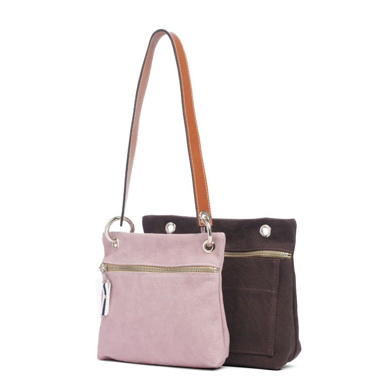 pochette yole coton vieux rose sur equipier chocolat, anse canotage