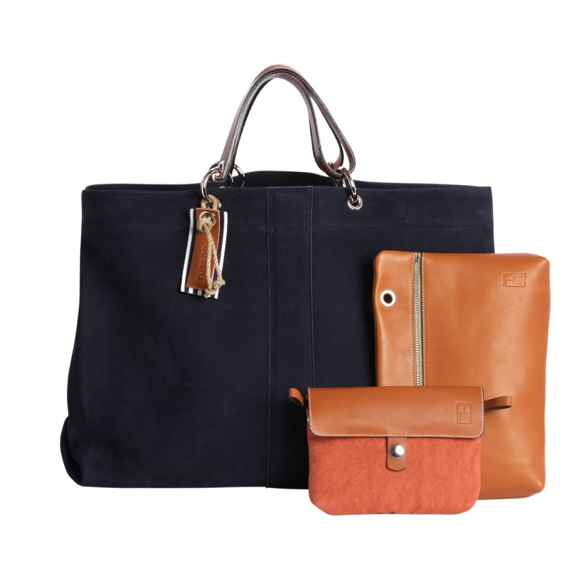 Sac Canotage Large Cuir Nubuck Veau Bleu Marine Face + Mobile Coton Brique + Coéquipier Cuir Gold