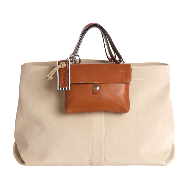 Sac Canotage Large Cuir Velours Vachette Grège + Compagnon Cuir Gold