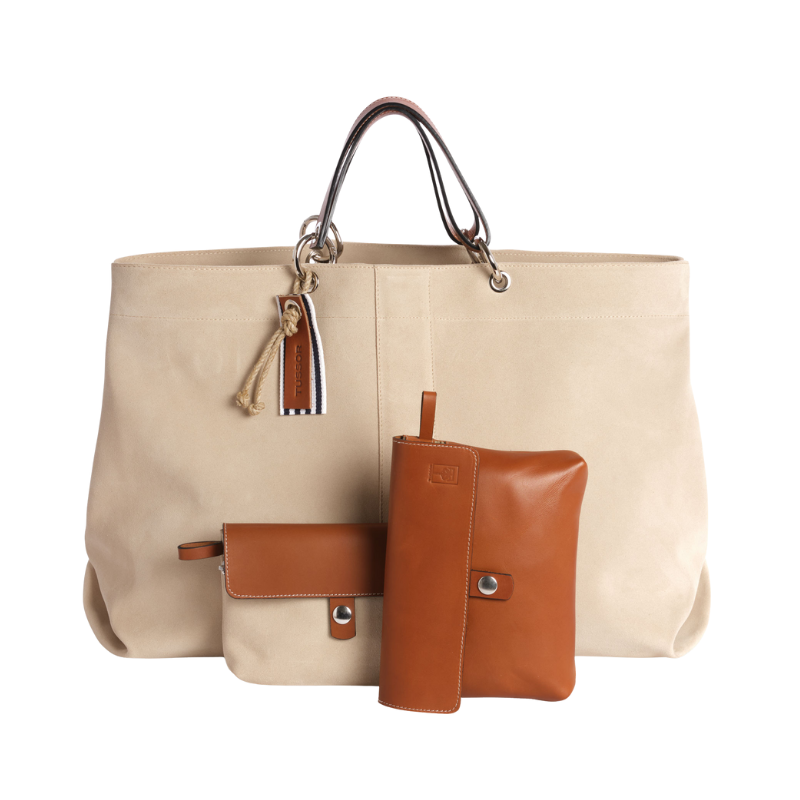 Sac Canotage Large Cuir Velours Vachette Grège + Mobile Cuir Velours Vachette Grège + Compagnon Cuir Gold