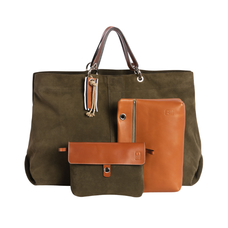 Sac Canotage Large Cuir Velours Vachette Kaki + Compagnon Cuir Velours Vachette Kaki + Coéquipier Cuir Gold