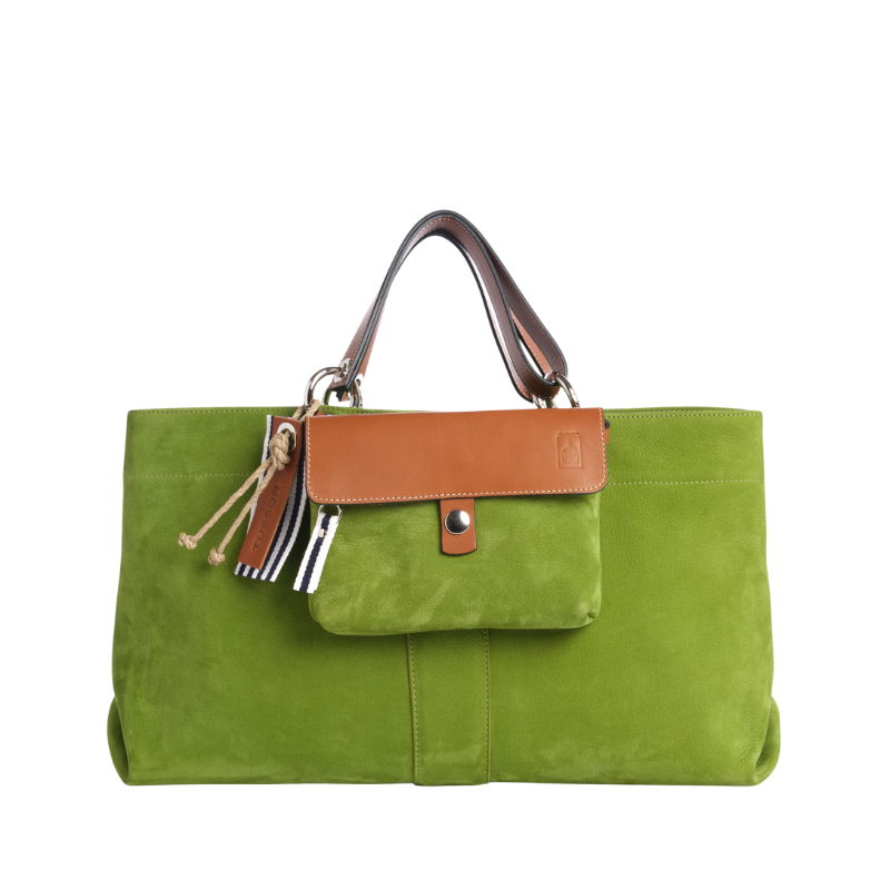 sac de ville modulable en cuir nubuck veau vert prairie avec des anses en cuir naturel