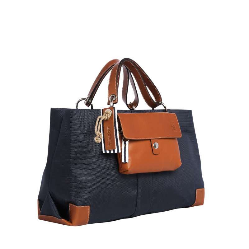 sac de ville modulable en polyester givré bleu marine avec des anses en cuir naturel