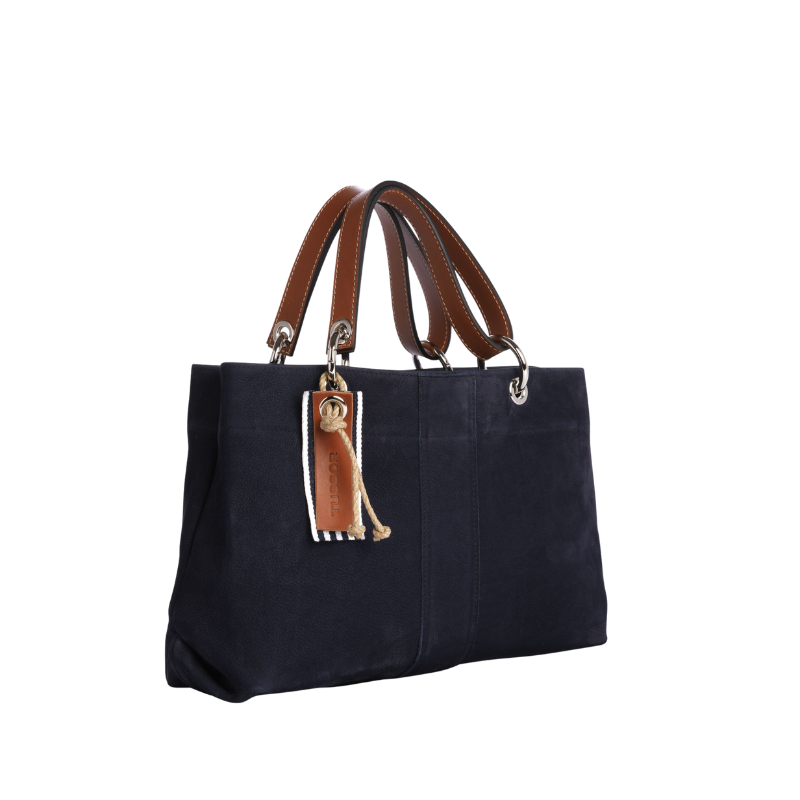sac de ville modulable en cuir nubuck veau bleu marine avec des anses en cuir naturel