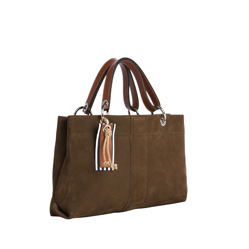 sac de ville modulable en cuir nubuck veau taupe avec des anses en cuir naturel