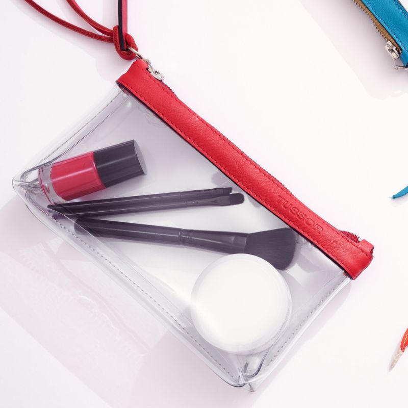pochette en plastique transparent et cuir rouge