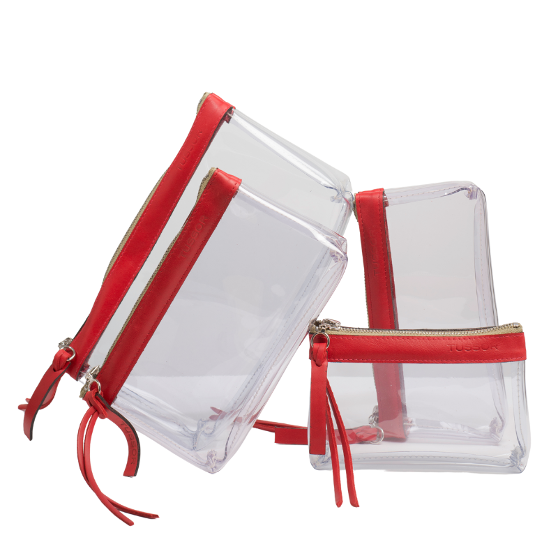 pochettes en plastique transparent et cuir rouge